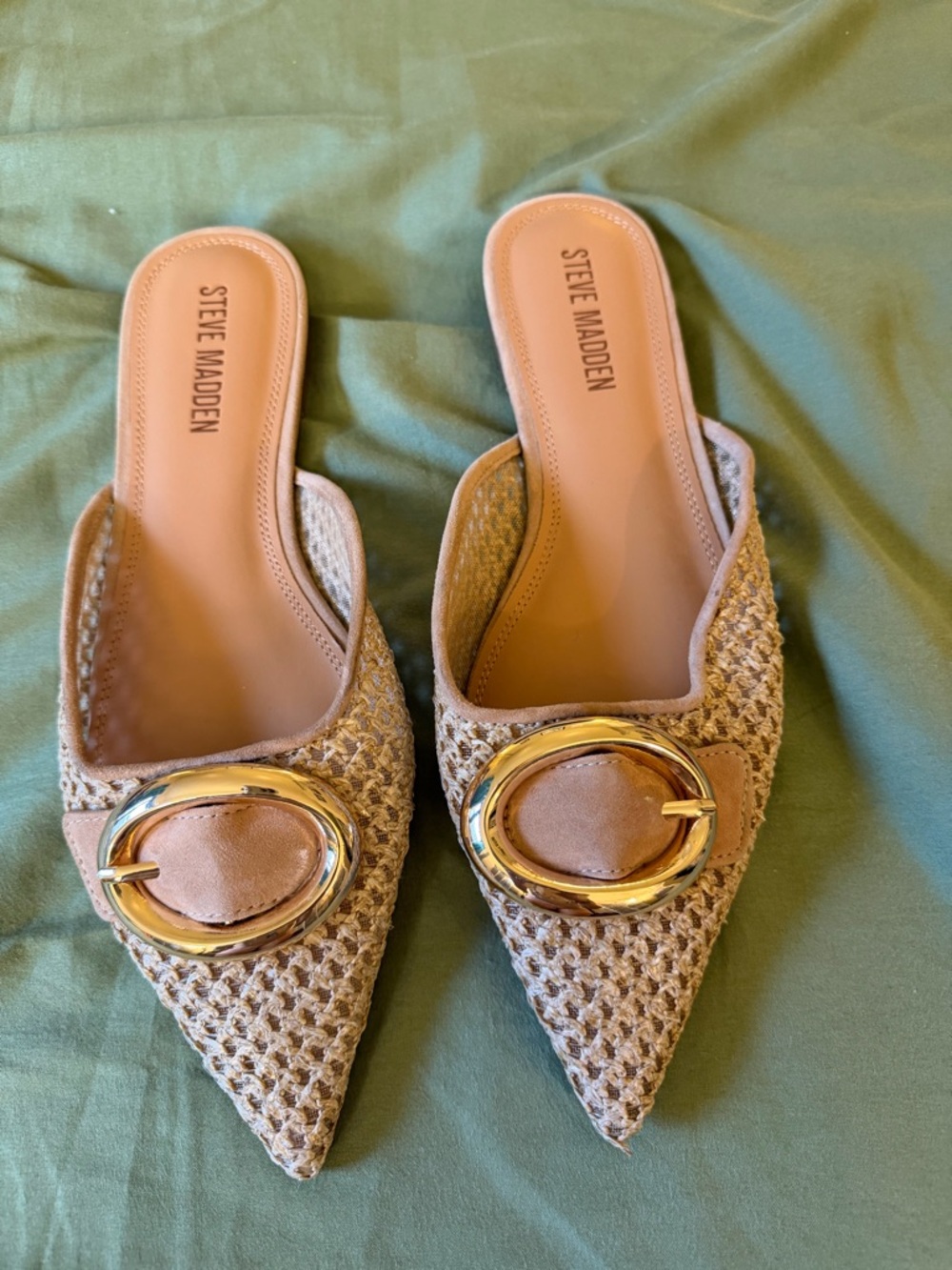 Steve Madden Tan Woven Pointed Mules with Gold Oval Buckle